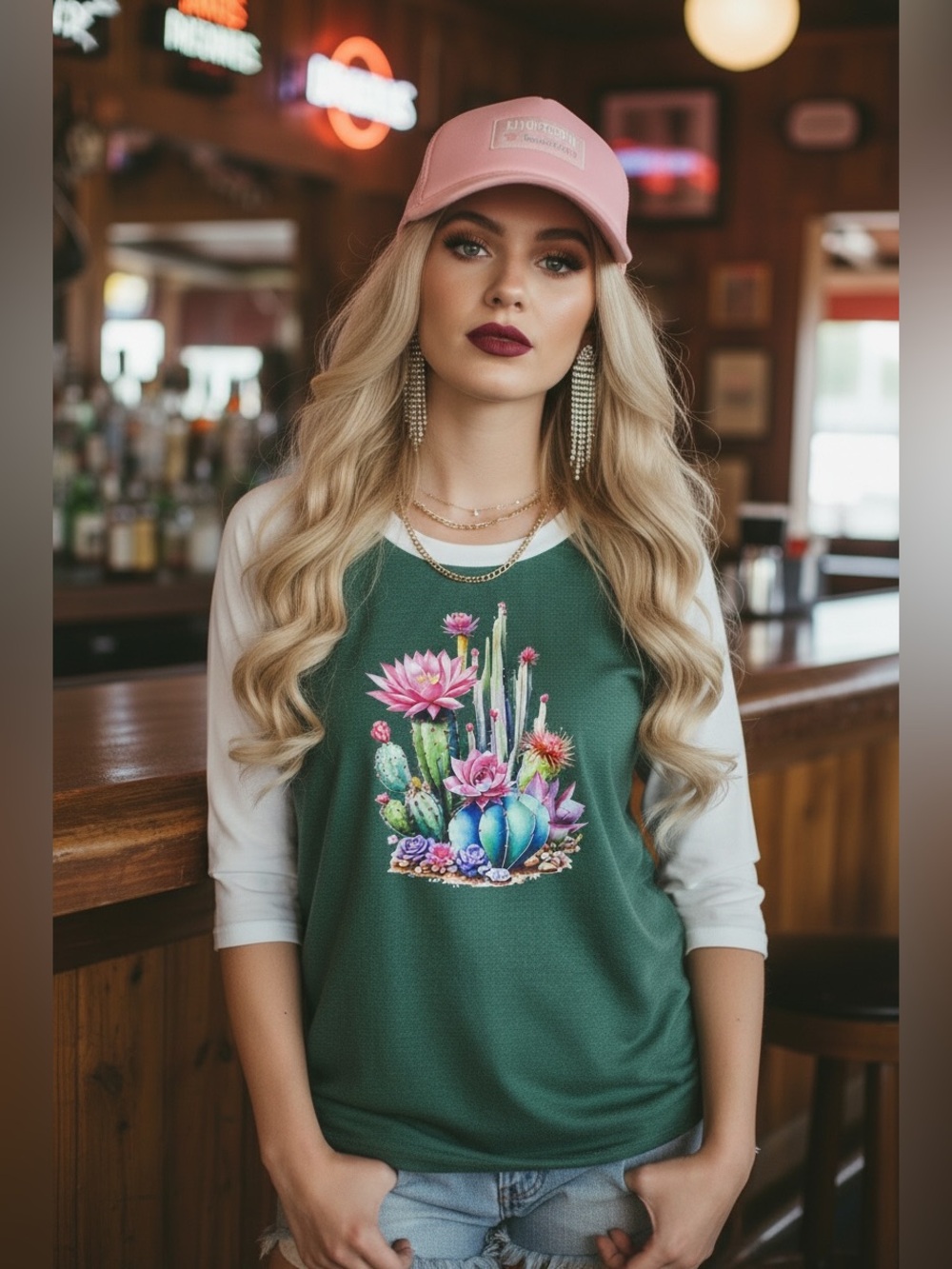 Custom cropped Green & White Raglan Tee with Cactus Floral Graphic